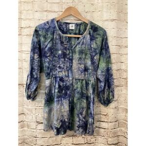 Cabi Top Womens Medium Navy Blue Tie Dye Linen Babydoll Balloon Sleeve Flowy